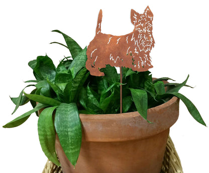 Scottish Terrier plant stake ornament in rust finish, Rustica Ornamentals, in terracotta pot on Tampa Home & Garden Store