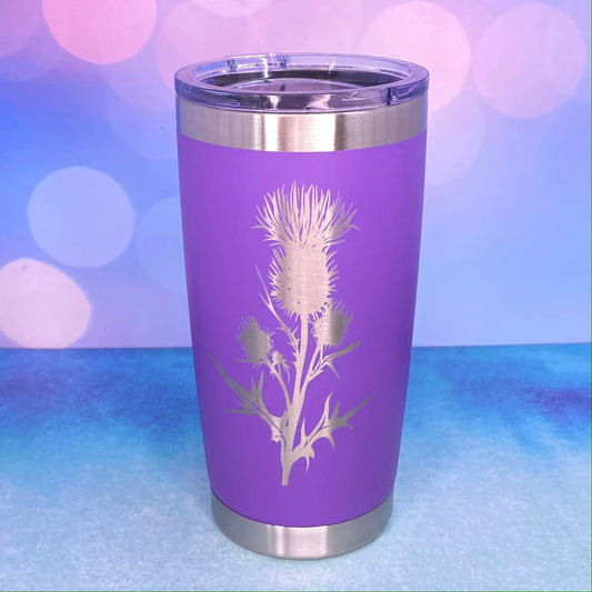 Scottish Thistle tumbler 20oz purple with laser-engraved thistle motif on Tampa Home & Garden Store