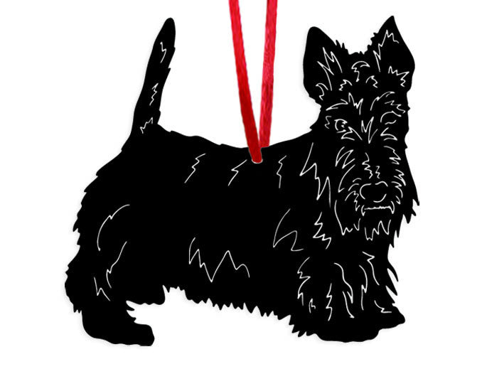 Scottish Terrier ornament, black with red ribbon hanger by Rustica Ornamentals style 1 on Tampa Home & Garden Store