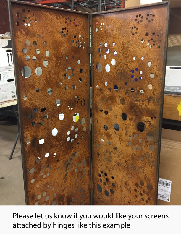 Metal two-panel privacy screen with perforations rusted metal by Rustica Ornamentals 46 in on Tampa Home & Garden Store