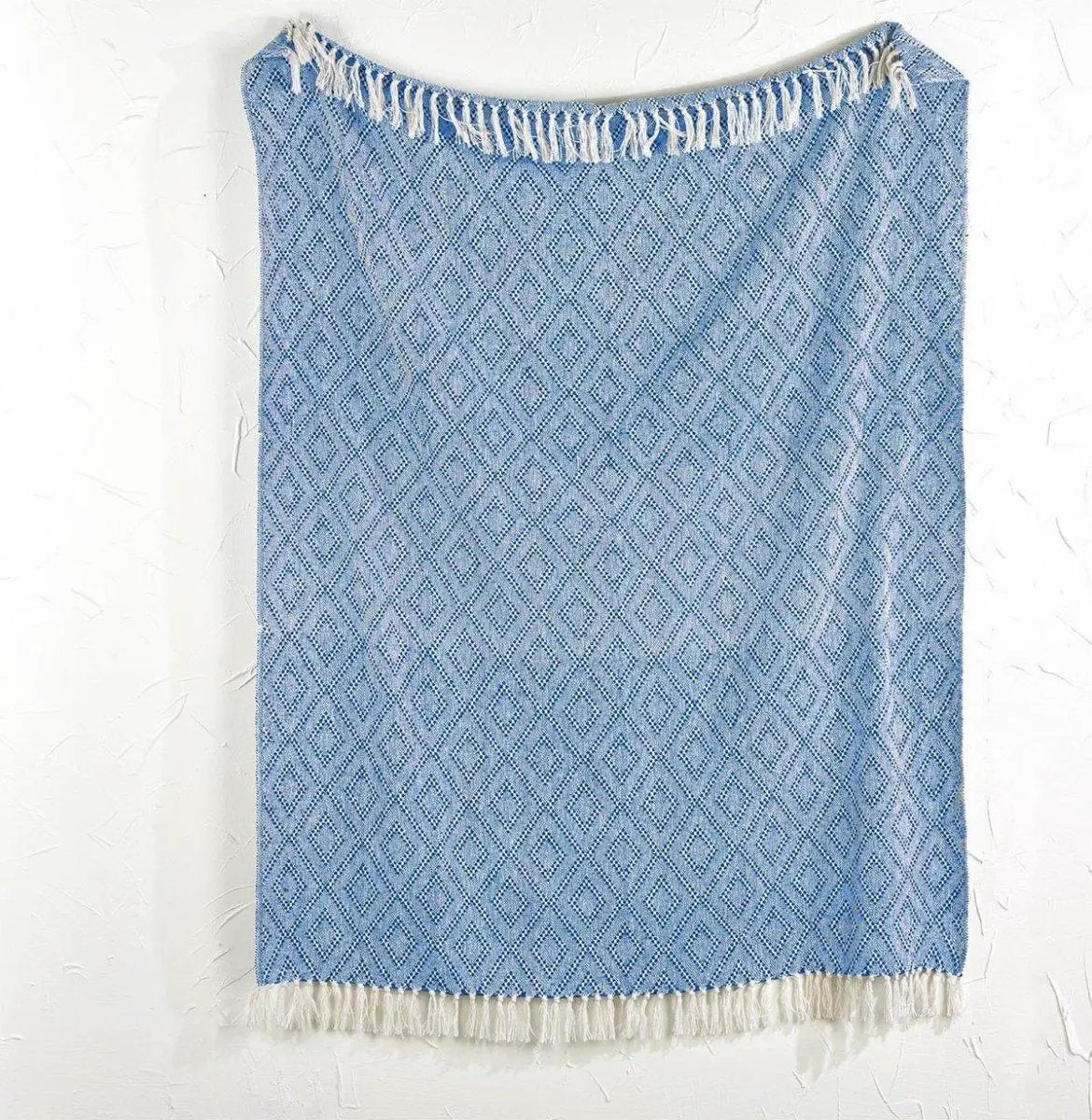 Blue Diamond Throw With Tassels Cotton Blanket
