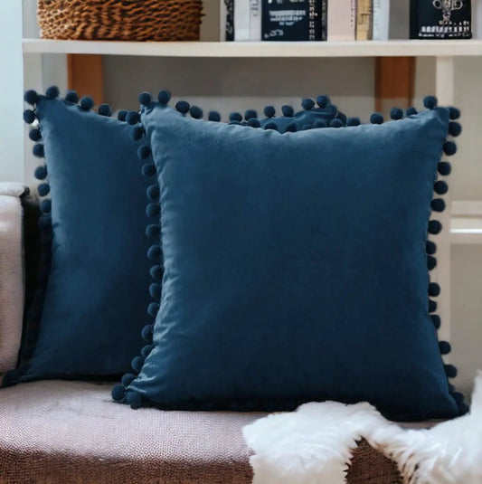 Velour pom pom throw pillows Gia Roma teal blue with pom trim, set of 2 on Tampa Home & Garden Store