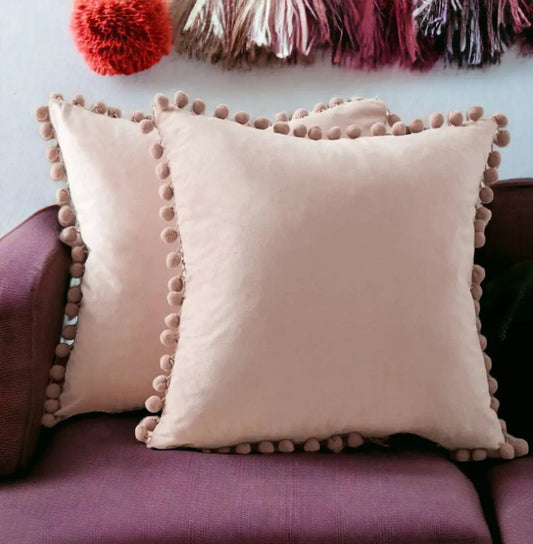 Gia Roma velour plush pom pom throw pillows, blush pink with pom trim, pair on Tampa Home & Garden Store