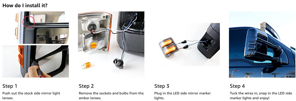 Ford F-250 Super Duty smoked switchback LED mirror lights 2008-2016, 4-step install guide on Tampa Home & Garden Store