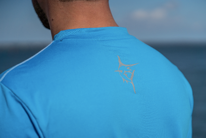 Grander Short Sleeve Performance Tee blue with White Water Life logo on back shoulder on Tampa Home & Garden Store