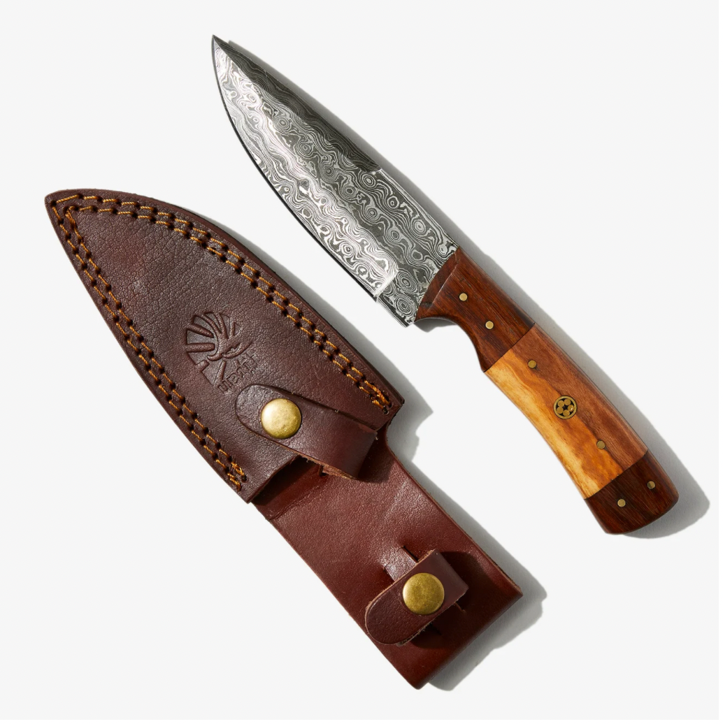 Titan Intl K 9in Damascus blade TD-087 with wood handle and brown leather sheath on Tampa Home & Garden Store