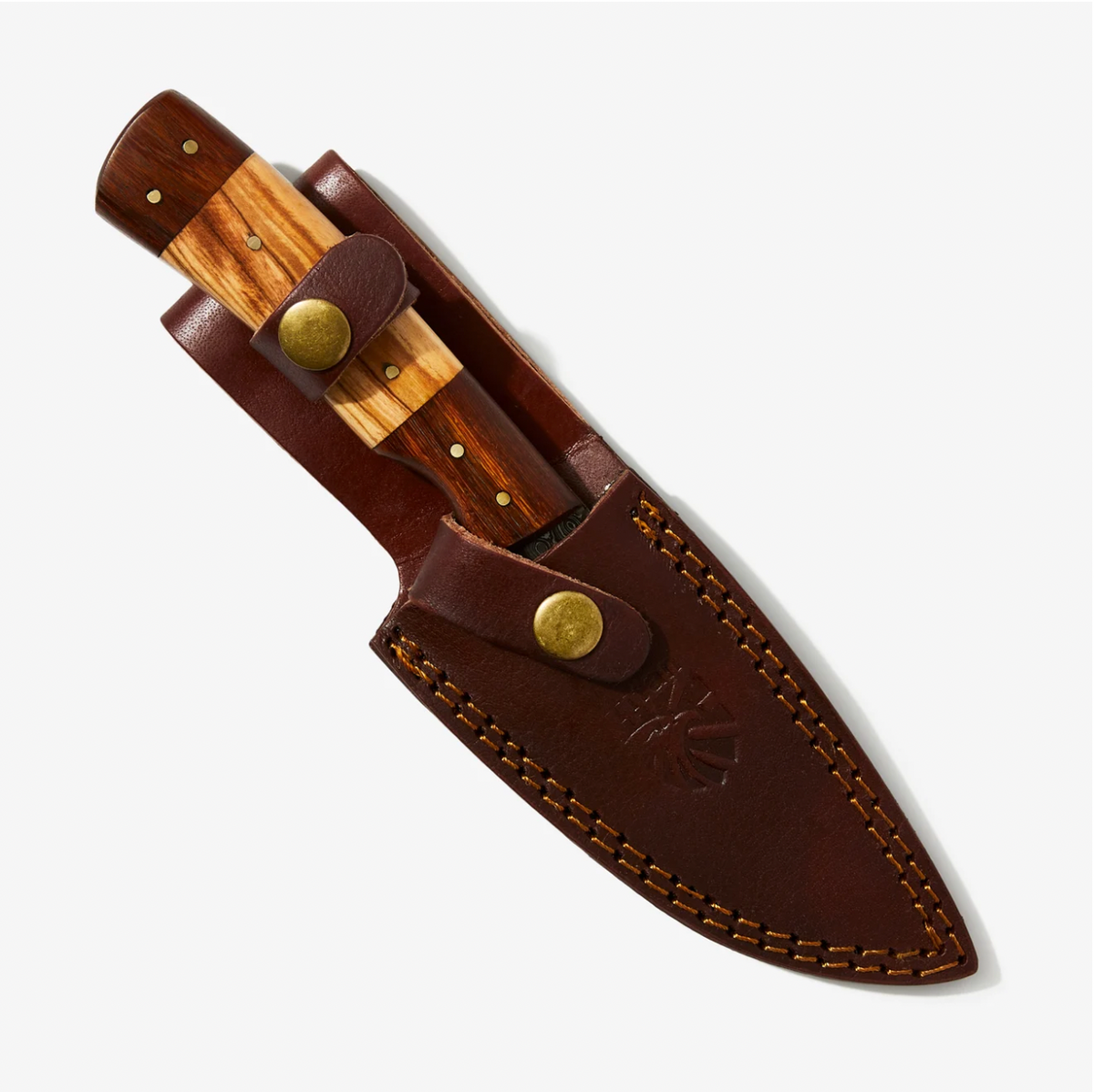 9in outdoor knife with two-tone wood handle in leather sheath brass rivets on Tampa Home & Garden Store