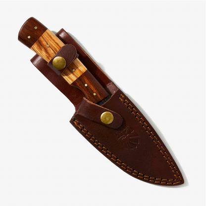 9in outdoor knife with two-tone wood handle in leather sheath brass rivets on Tampa Home & Garden Store