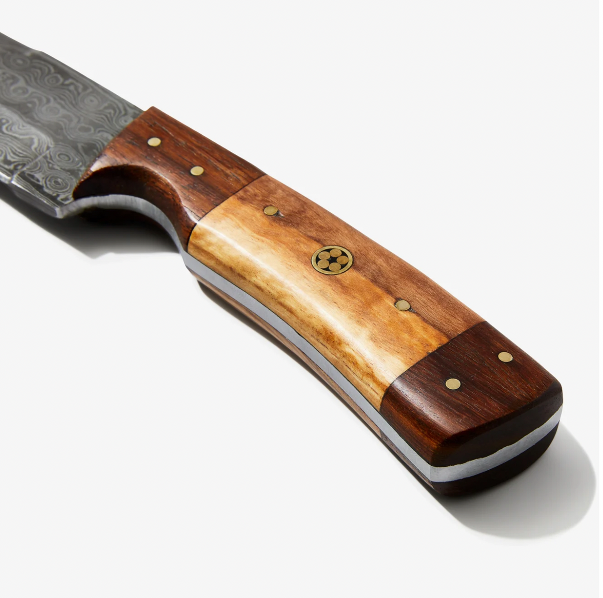9-inch Damascus blade knife with wood handle and brass rivets Titan International K logo on Tampa Home & Garden Store