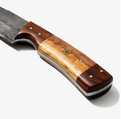9-inch Damascus blade knife with wood handle and brass rivets Titan International K logo on Tampa Home & Garden Store