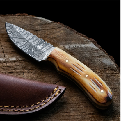 Damascus Blaze Neck Knife Titan TD-200 with swirled blade and tan bone handle on Tampa Home & Garden Store