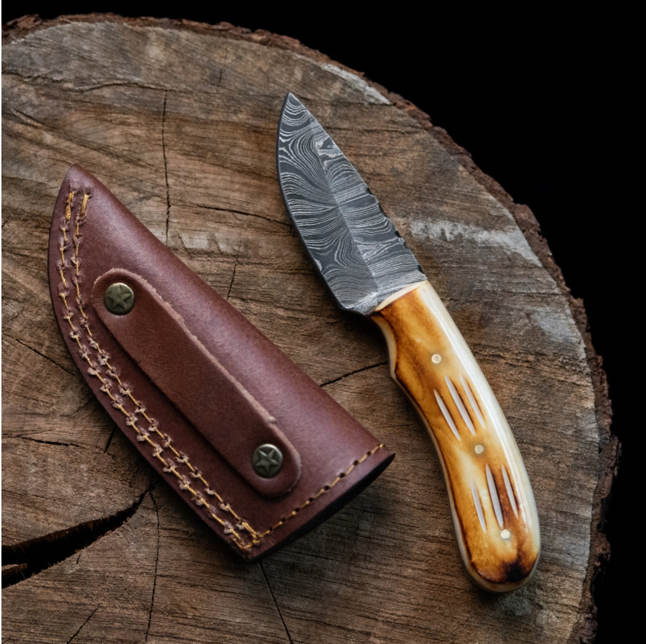 Damascus Blaze Neck Knife Titan TD-200 with Damascus blade and bone handle leather sheath on Tampa Home & Garden Store