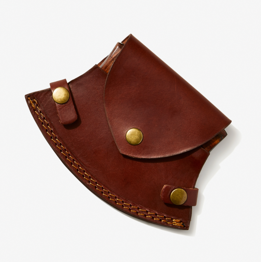 Custom Hand Forged Alaskan ULU Knife TC-37 in brown leather sheath with brass rivets on Tampa Home & Garden Store