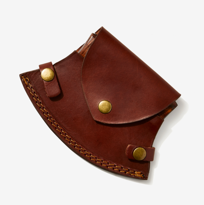 Custom Hand Forged Alaskan ULU Knife TC-37 in brown leather sheath with brass rivets on Tampa Home & Garden Store