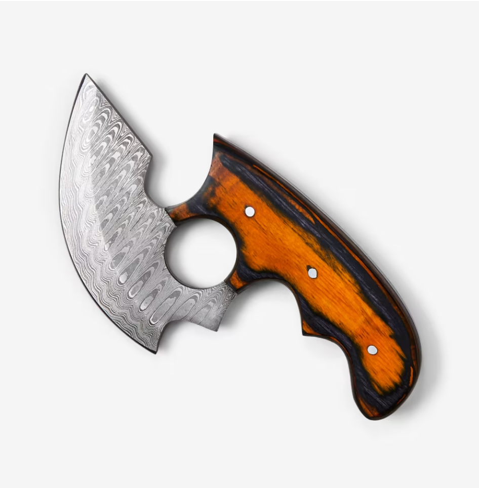 Titan Damascus Ulu style knife with swirl-pattern blade and orange-brown wood handle on Tampa Home & Garden Store