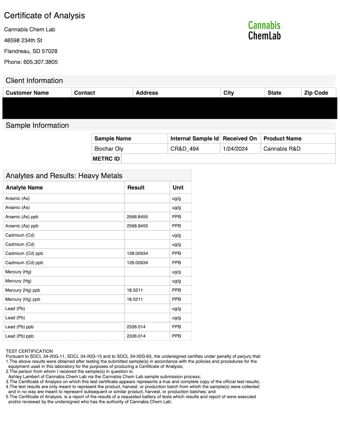 KIS Organics Biochar Soil Mix COA document from Cannabis Chem Lab on Tampa Home & Garden Store