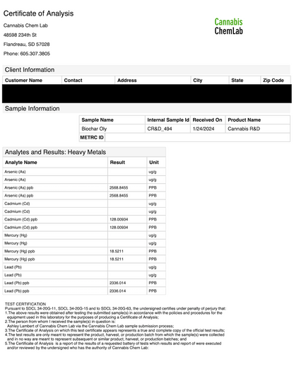 KIS Organics Biochar Soil Mix COA document from Cannabis Chem Lab on Tampa Home & Garden Store
