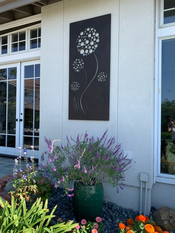 Metal privacy screen 46-inch panel, dark steel with circular floral cutouts on Tampa Home & Garden Store