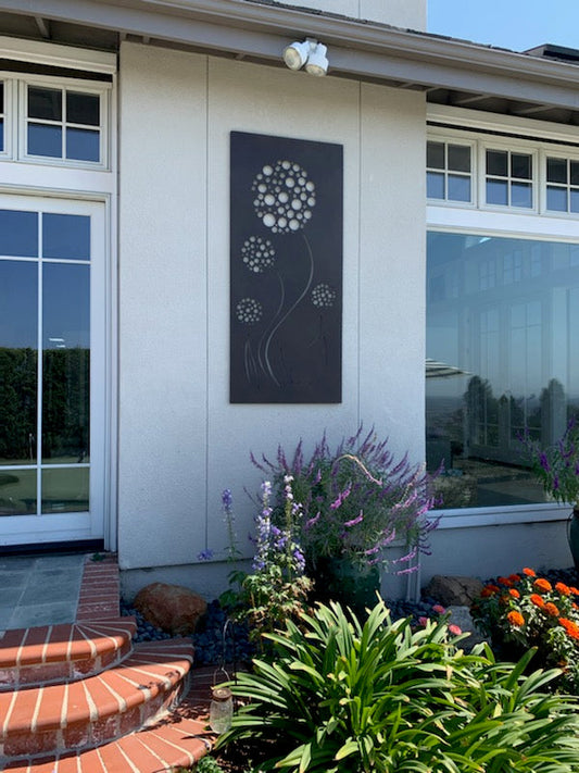 Outdoor metal privacy screen panel Rustica Ornamentals black steel with floral dot motif on wall on Tampa Home & Garden Store