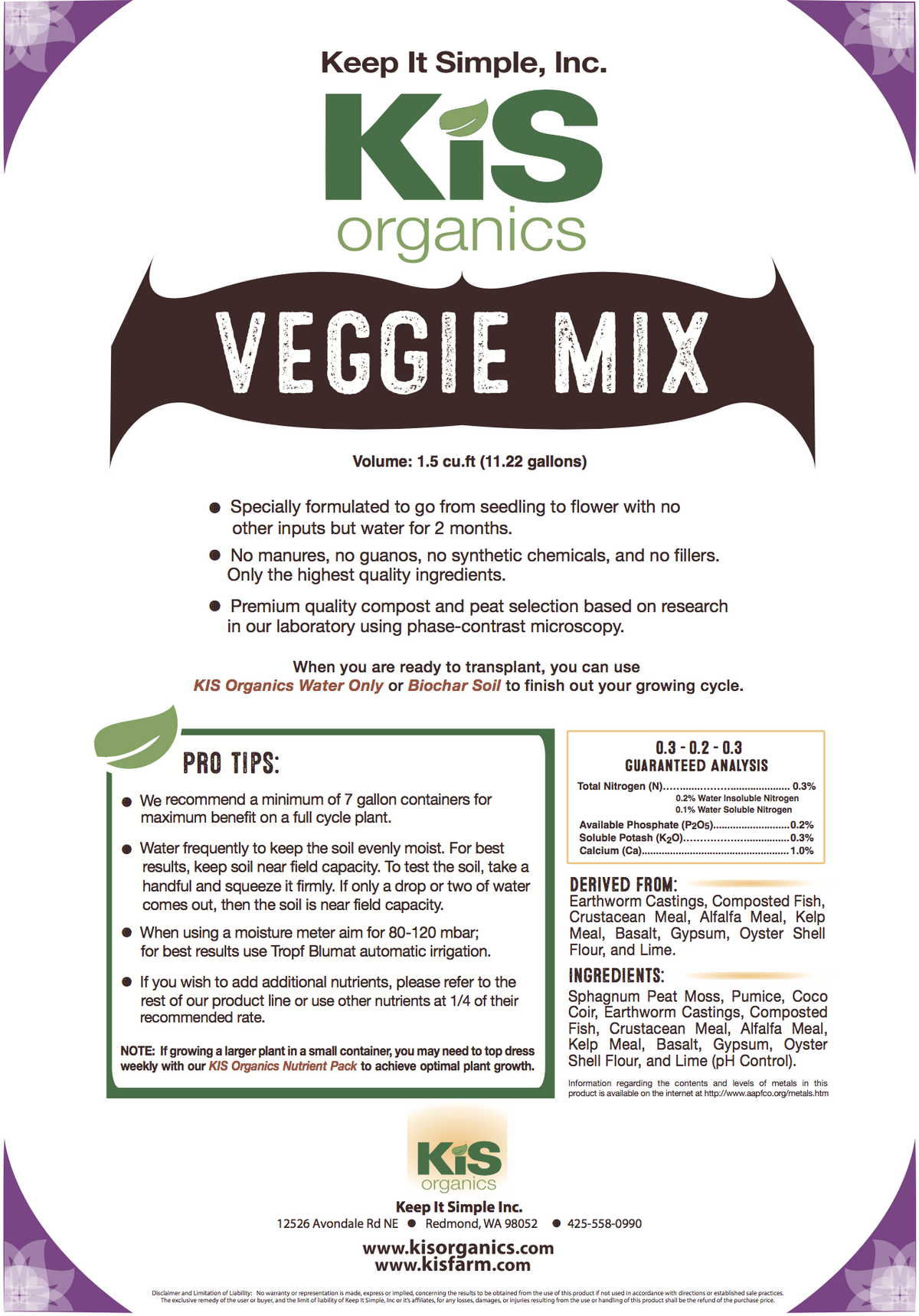 Veggie Mix soil bag by KiS Organics with green KiS logo on white label and purple corner accents on Tampa Home & Garden Store