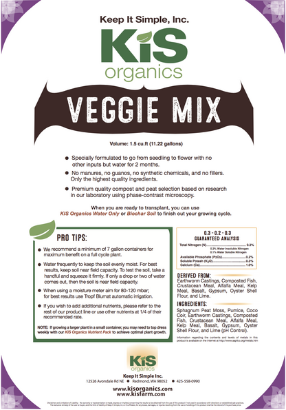 Veggie Mix soil bag by KiS Organics with green KiS logo on white label and purple corner accents on Tampa Home & Garden Store