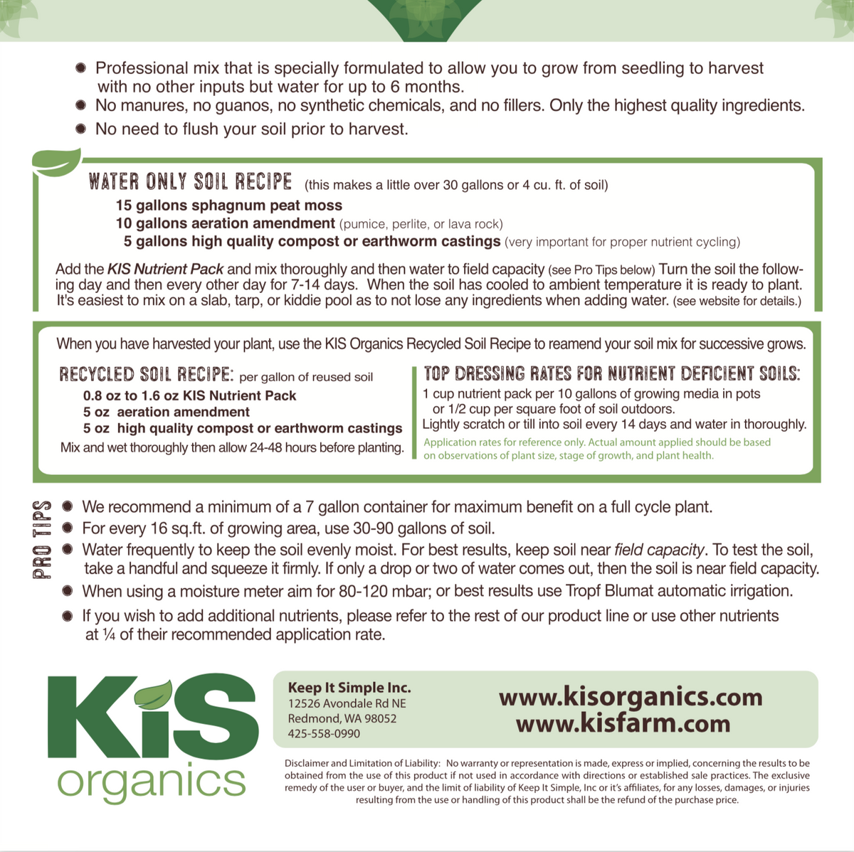 KiS Organics Nutrient Pack soil amendment label with water-only soil recipe and compost guidance on Tampa Home & Garden Store