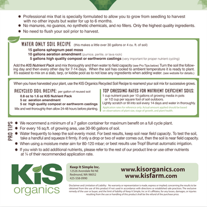 KiS Organics Nutrient Pack soil amendment label with water-only soil recipe and compost guidance on Tampa Home & Garden Store