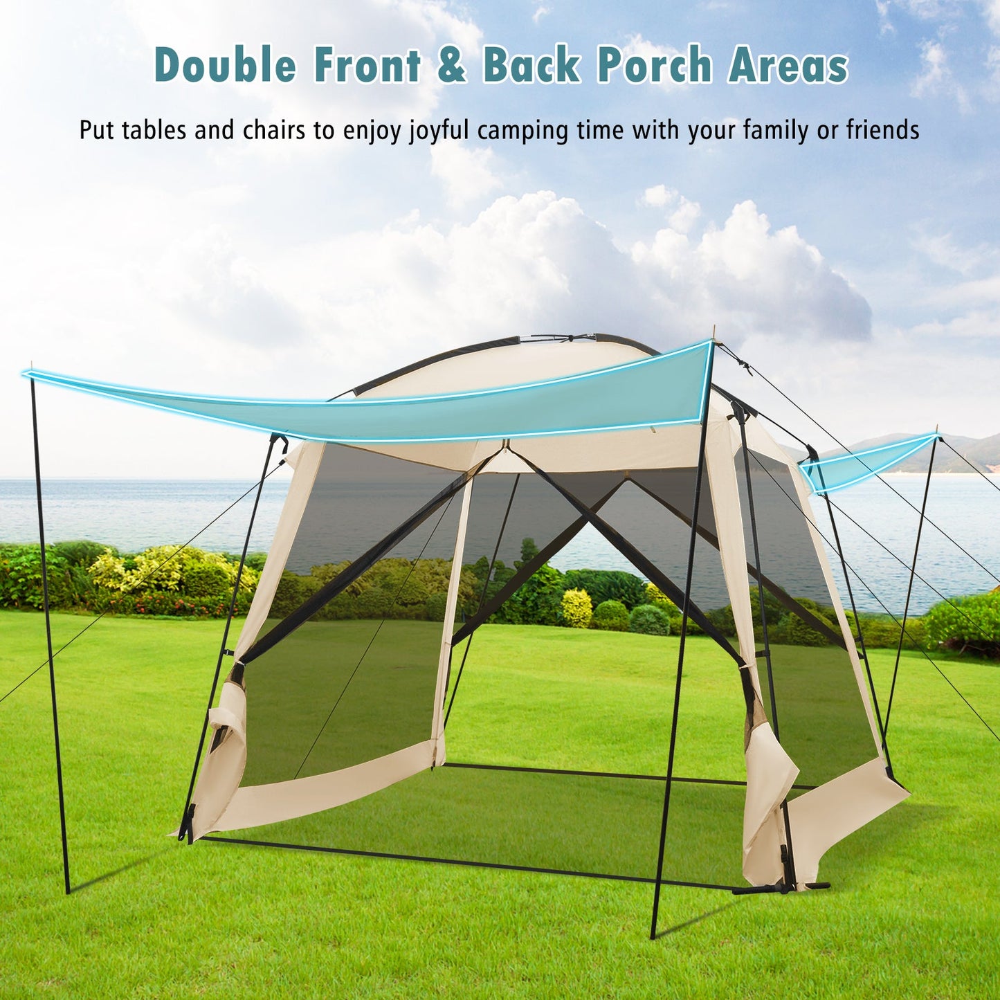 GemGear 10x10 ft beige screened canopy tent with vestibule and zippered door; shade sails on Tampa Home & Garden Store