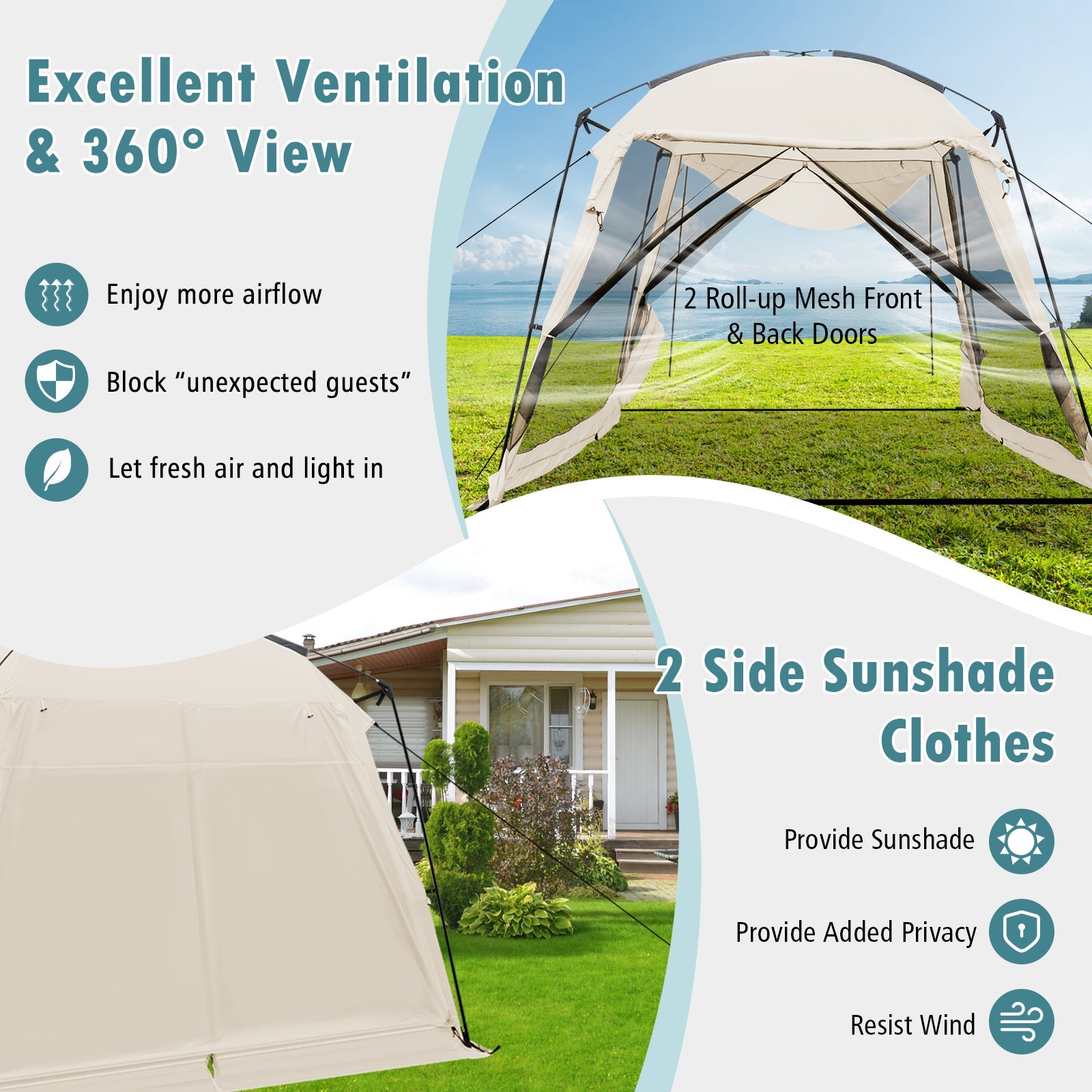 GemGear 10 x 10 ft beige screened canopy tent with vestibule and zippered doors in backyard on Tampa Home & Garden Store