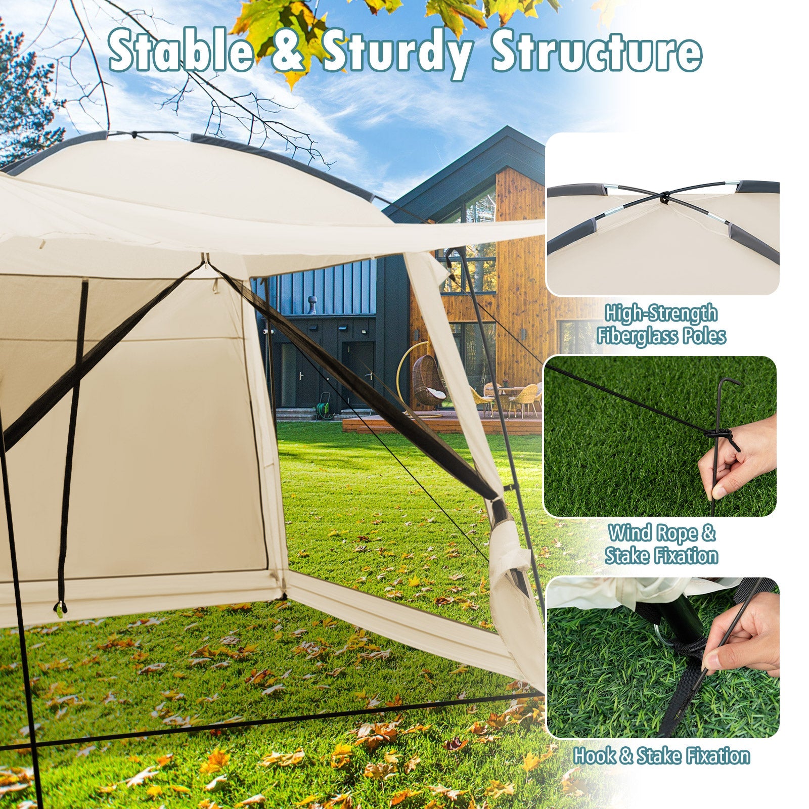 GemGear 10x10 ft beige screened canopy tent with vestibule, zippered door, fiberglass poles on Tampa Home & Garden Store