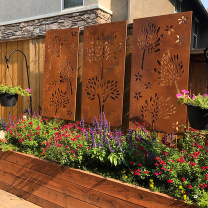 Outdoor privacy screen set by Rustica Ornamentals: 4 rust metal panels with tree cutouts on Tampa Home & Garden Store