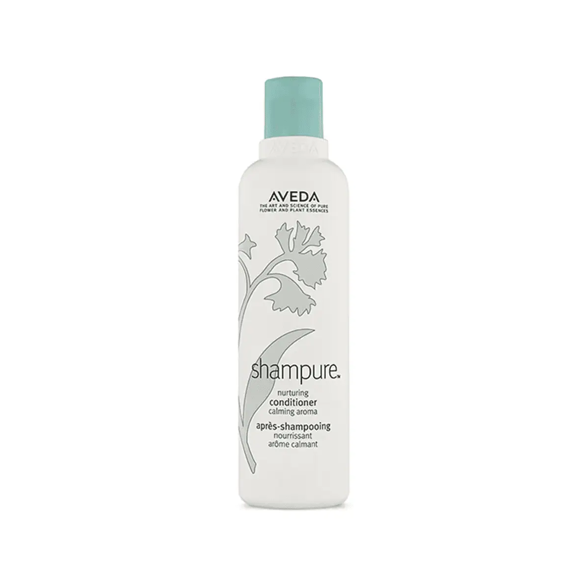 AVEDA Shampure nurturing conditioner bottle with turquoise cap and soft gray botanical art on Tampa Home & Garden Store