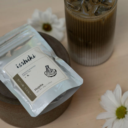 Hojicha Roasted Green Tea Powder in a silver resealable pouch by isshiki matcha, premium tea & infusions on Tampa Home & Garden Store