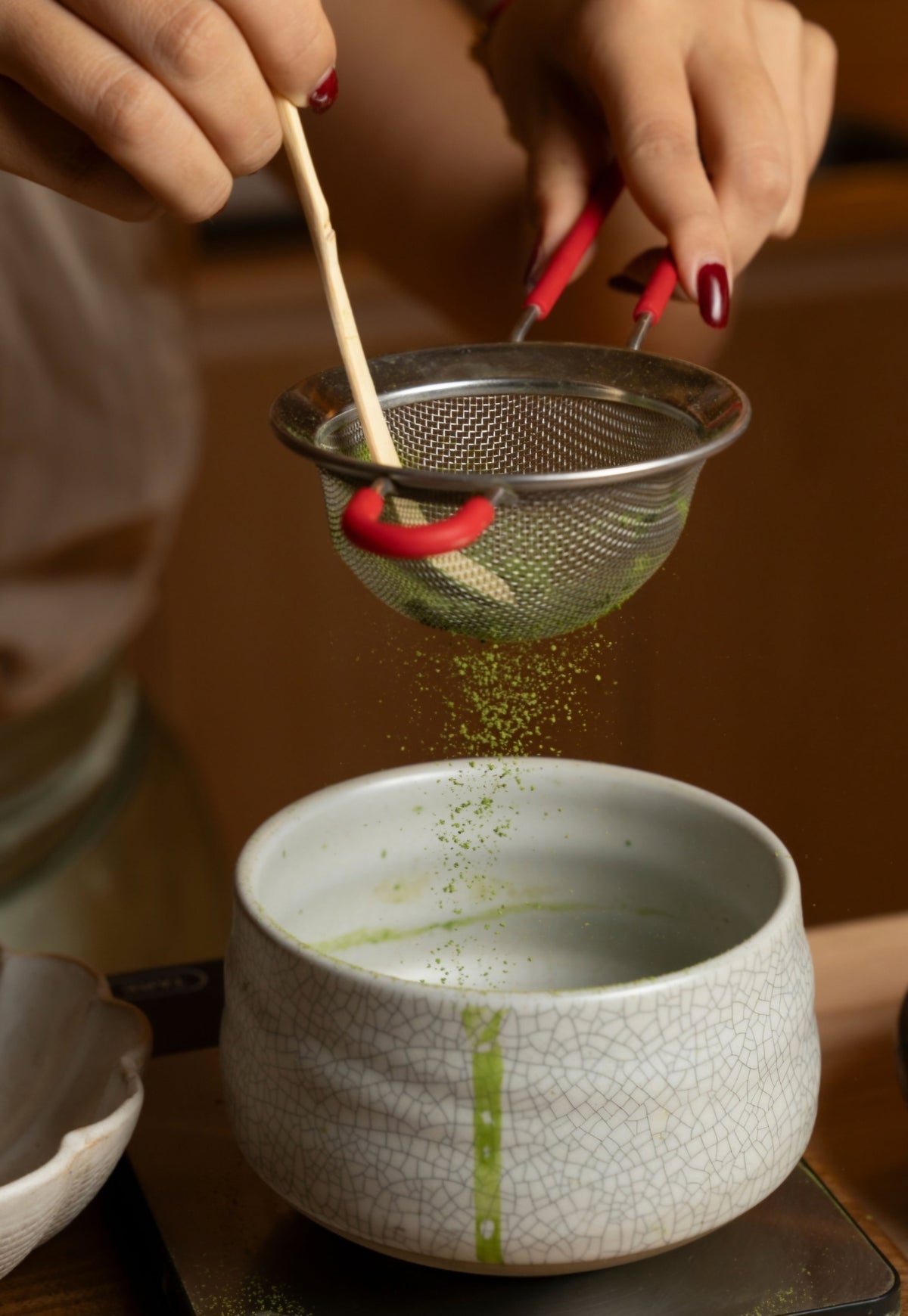 Samidori Single Cultivar Matcha by isshiki matcha green powder sifted into a ceramic cup on Tampa Home & Garden Store