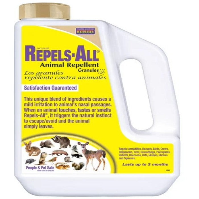 Bonide Repels-All animal repellent granules, yellow label bottle on Tampa Home & Garden Store