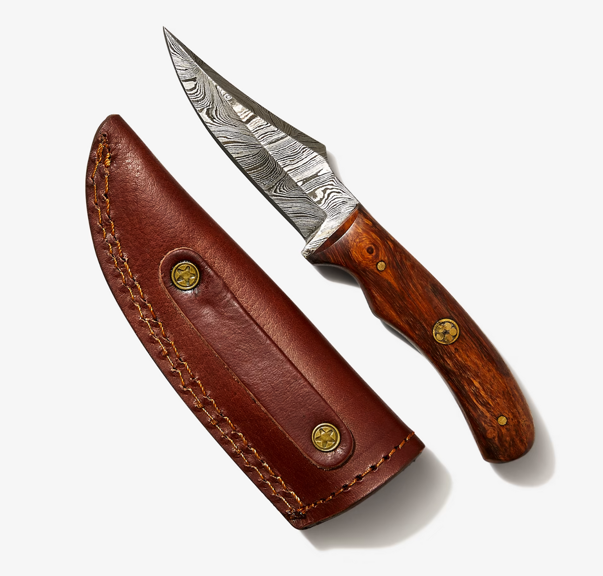 Damascus steel skinner knife with rosewood grip Titan Td-177, leather sheath on Tampa Home & Garden Store