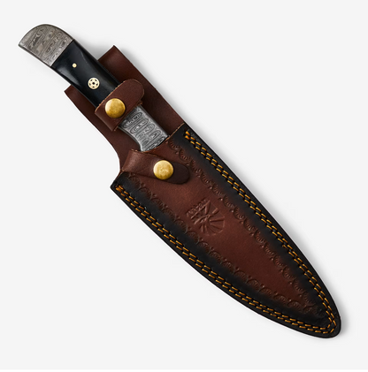 TD-057 Kitchen Knife by Titan International K with Damascus blade, black handle, leather sheath on Tampa Home & Garden Store