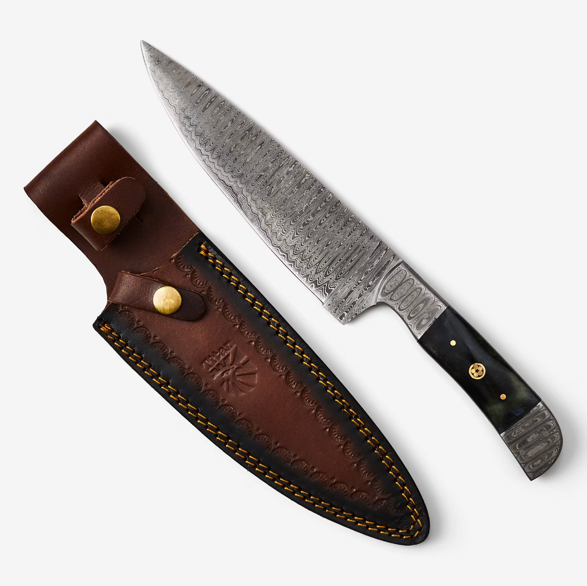 TD-057 kitchen knife by Titan International K with Damascus blade and dark handle, leather sheath on Tampa Home & Garden Store