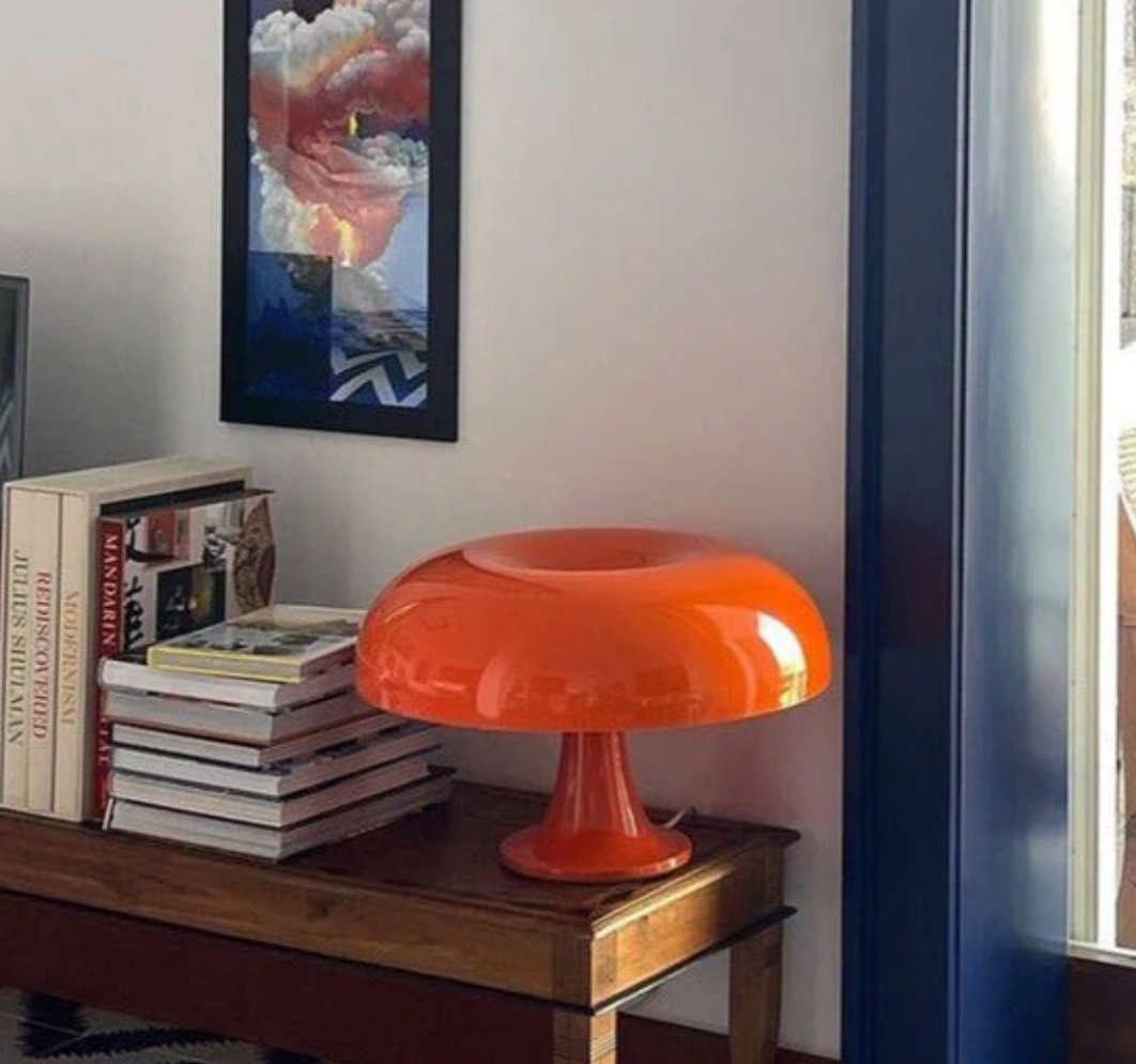 Nordic Mushroom Table Lamp orange glossy Moktan Sabai table lamp on wooden side table on Tampa Home & Garden Store