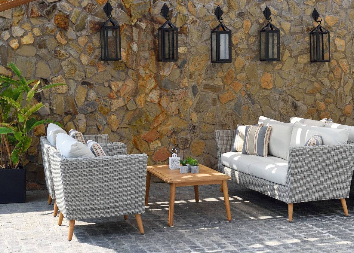 Panther Outdoor Patio Seating Set gray wicker FSC wood accents includes 2 chairs and loveseat on Tampa Home & Garden Store