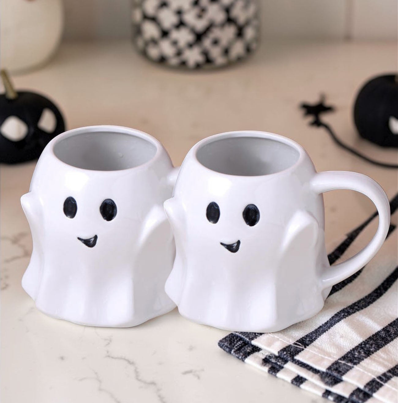 Ghost mug pair: white ghost-shaped ceramic coffee mugs with friendly faces Gia Roma on Tampa Home & Garden Store