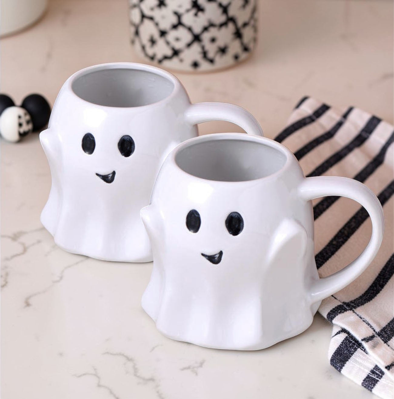 Ghost mug set, white ceramic ghost mugs with cute faces, Gia Roma, 2 pcs on Tampa Home & Garden Store