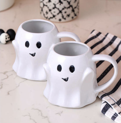 Ghost mug set, white ceramic ghost mugs with cute faces, Gia Roma, 2 pcs on Tampa Home & Garden Store