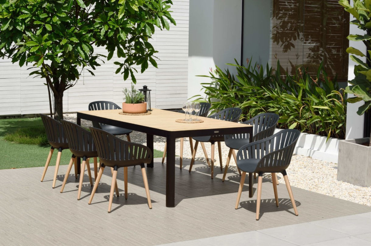 Portals Dark 9 Piece Carver Rectangular Dining Set with light wood and dark gray chairs on Tampa Home & Garden Store