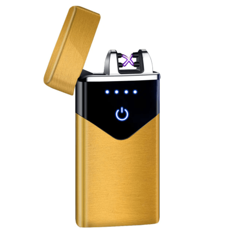 Stevvex gold dual-arc USB electric lighter with LED indicators on Tampa Home & Garden Store