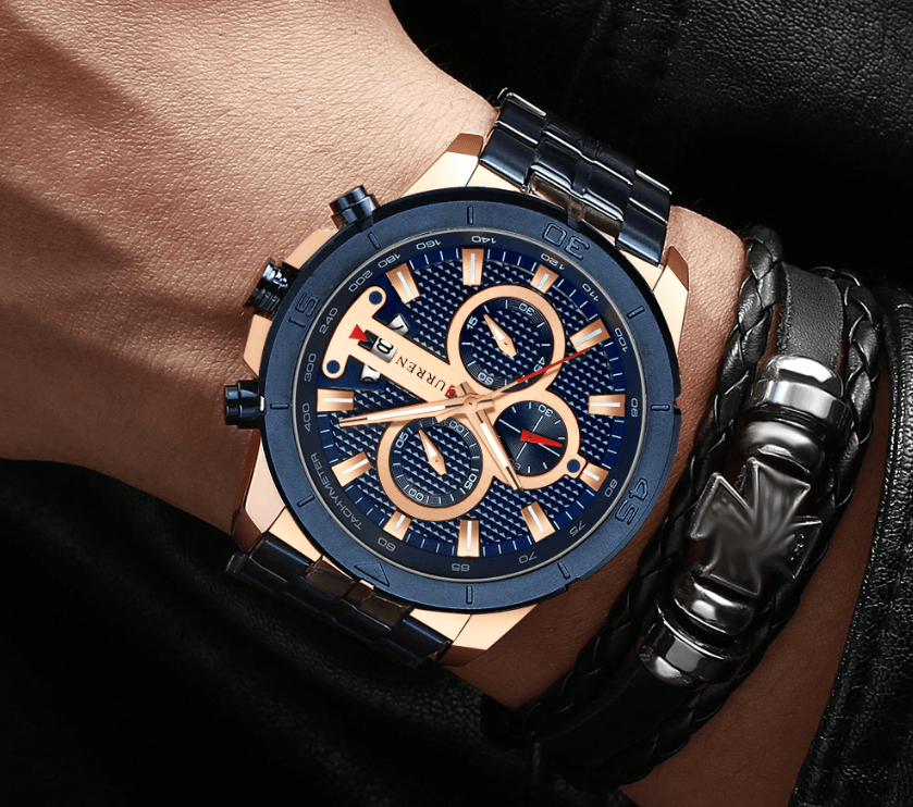 Stevvex men's blue chronograph watch with rose-gold case and blue bracelet, day/date window on Tampa Home & Garden Store