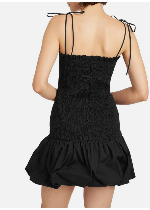 En Saison Smocked Bubble Hem Mini Dress, black, size small, Vanessa Jane, back-tie straps on Tampa Home & Garden Store