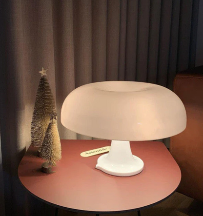 Nordic Mushroom Table Lamp by Moktan Sabai with white frosted shade on white pedestal base on Tampa Home & Garden Store