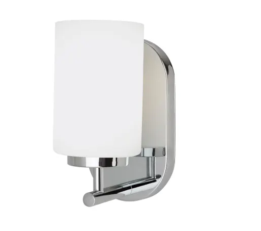 Sea Gull Lighting Oslo wall sconce in chrome with white glass shade, new wall light fixture on Tampa Home & Garden Store