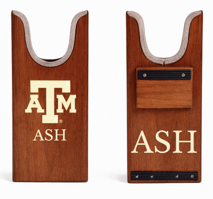 Pair of Texas A&M Boot Jacks by Ryan's Woodworking, wooden boot pulls with AM logo and ASH text on Tampa Home & Garden Store